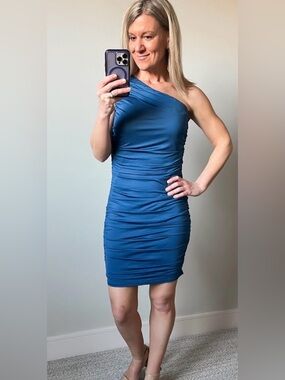 One-Shoulder Ruched Bodycon Dress in Deep Blue